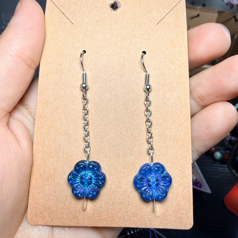 Blue Czech Glass Flower Dangle Earrings – Silver Plated Chain – Hypoallergenic - Picture 3 of 4